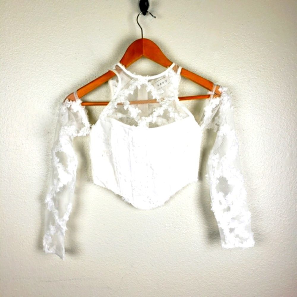 SABO Skirt Lace Corset Top XS White Off Shoulder Cold Shoulder Long Sleeve Boho